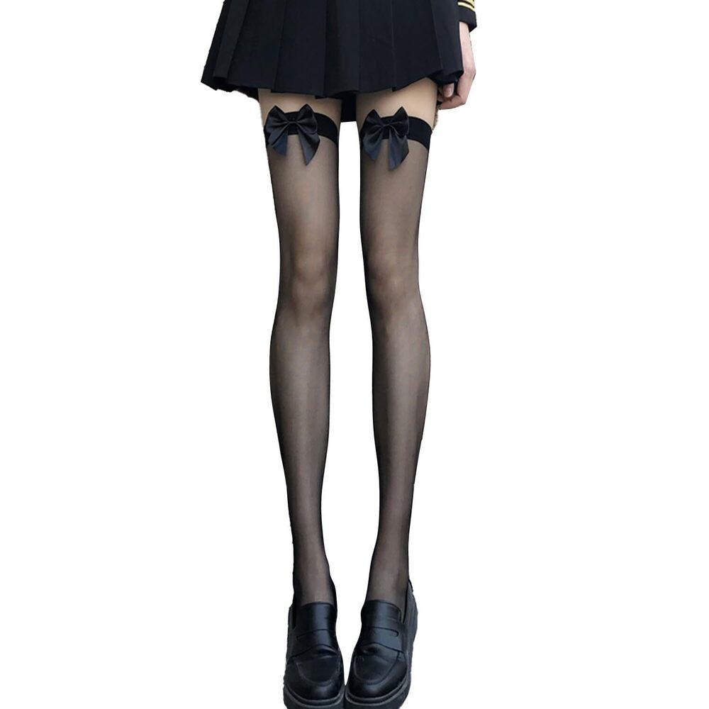 5202 Thigh High Stockings with Bow, Sheer Socks with Lace Brim Tights